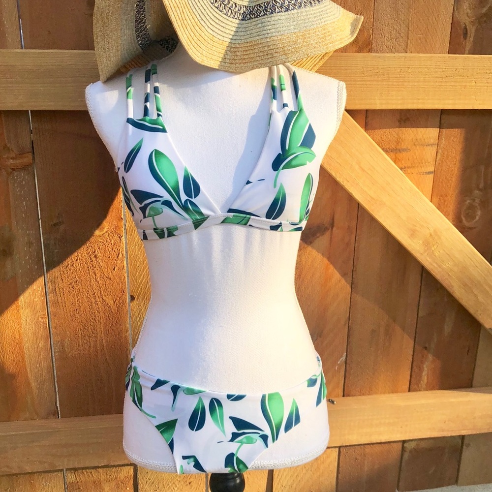 Strappy Bikini Medium Green Leafy Palm